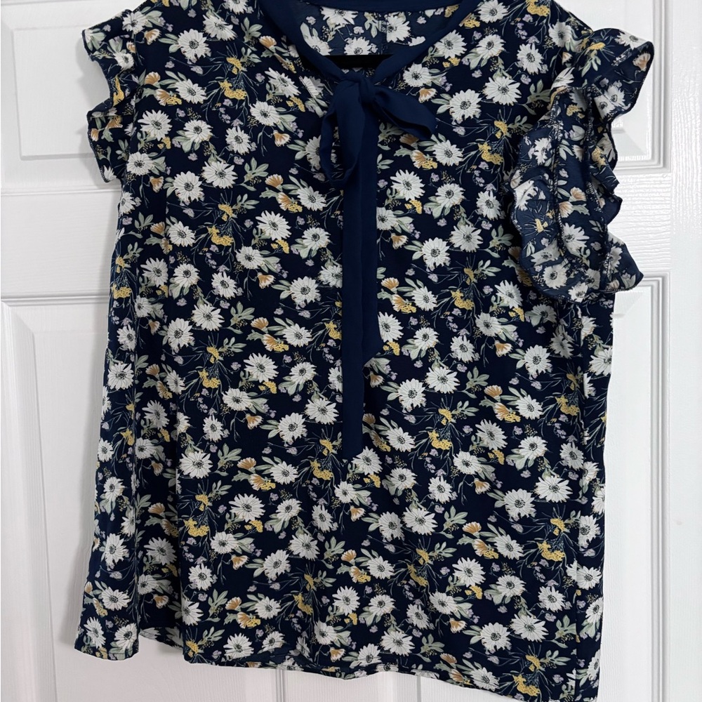 Floral Navy Top with Ruffle Sleeves